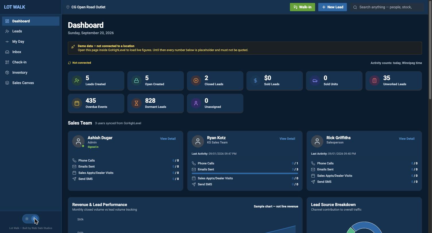 Lot Walk dashboard in dark mode
