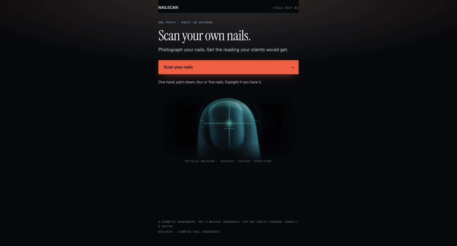 NailScan self-scan screen — one hand, palm down, reticle reading surface, colour, structure